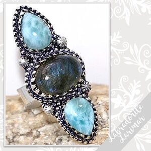 Larimar, Labradorite Large Silver Artisan Ring, 9 (Turquoise / Aqua, Blue flash)
